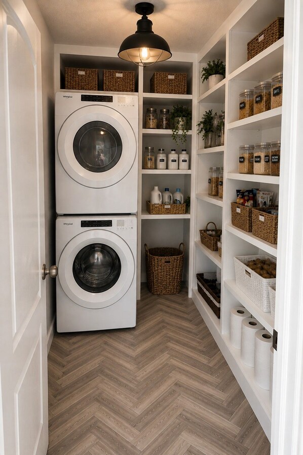 A laundry room with two stacked Whirlpool washers, shelves with storage bins, and a herringbone-patterned floor.