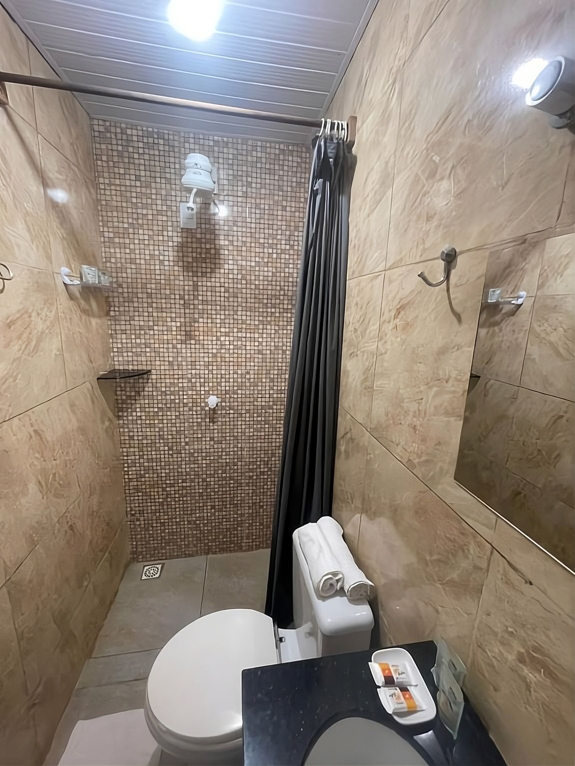 Shower, towels, soap, toilet paper