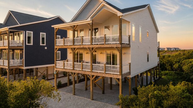 Une propriété en bord de mer, composée de plusieurs étages, dotée de balcons en bois et offrant une vue sur l’océan.