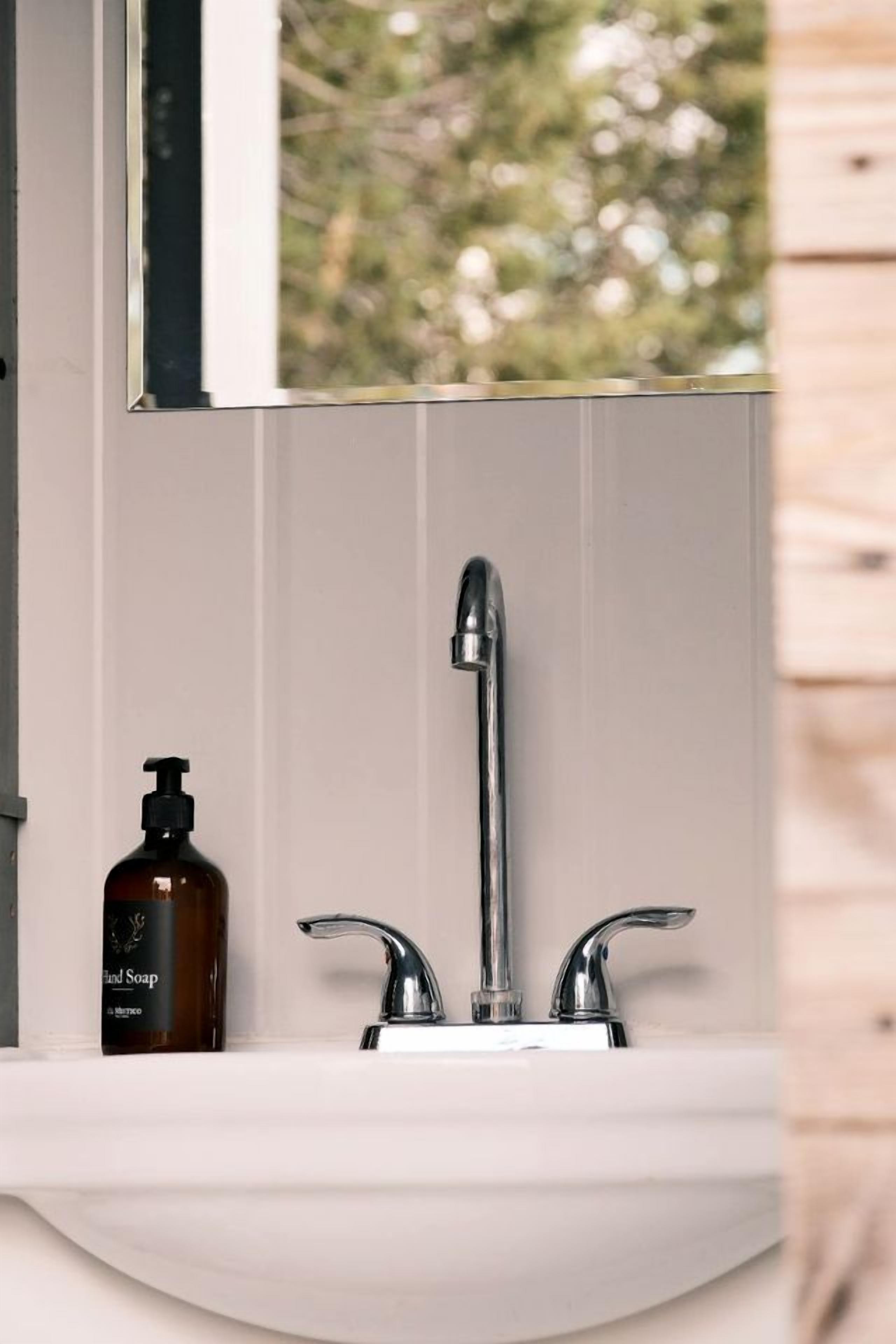 A bathroom with a white sink, a chrome faucet, and a bottle of soap.