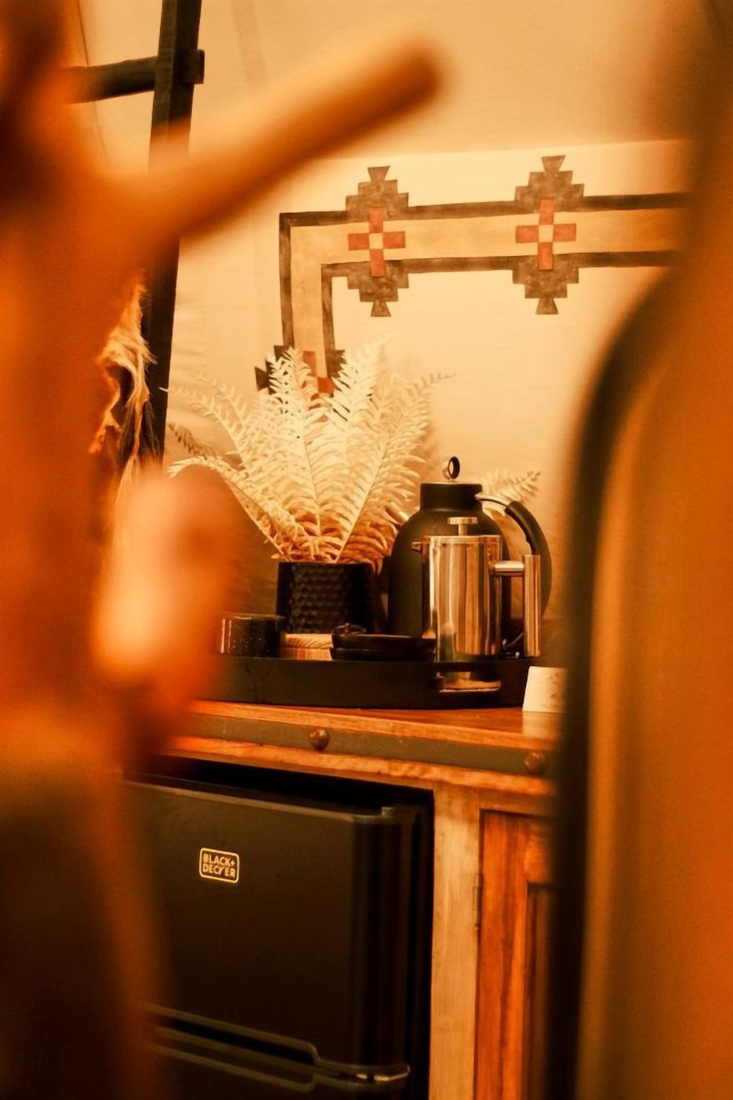 Una encimera de cocina con una cafetera, una planta y un adorno de pared.