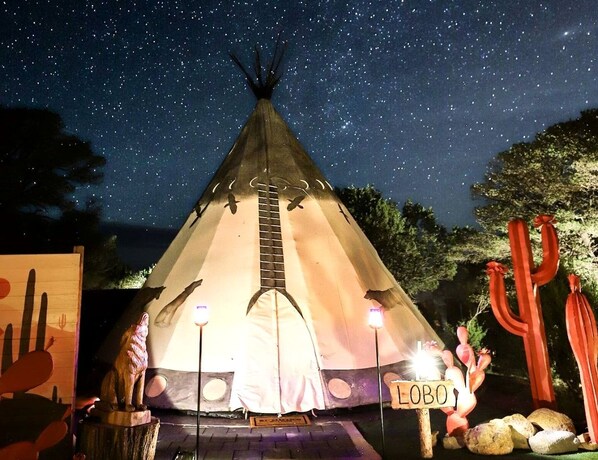 Un tipi con una escalera, un cartel que dice 'LOBO' y cactus al fondo.