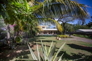 Ein Haus mit Swimmingpool, umgeben von tropischer Vegetation und blauem Himmel.