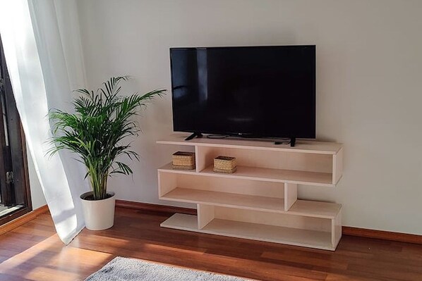 A flat-screen TV on a wooden stand with shelves, a potted plant, and a window with curtains.