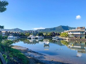 A marina with boats docked, surrounded by buildings and mountains. - Luxury Waterfront Apartment with Pools (Grande Riviere Noire)