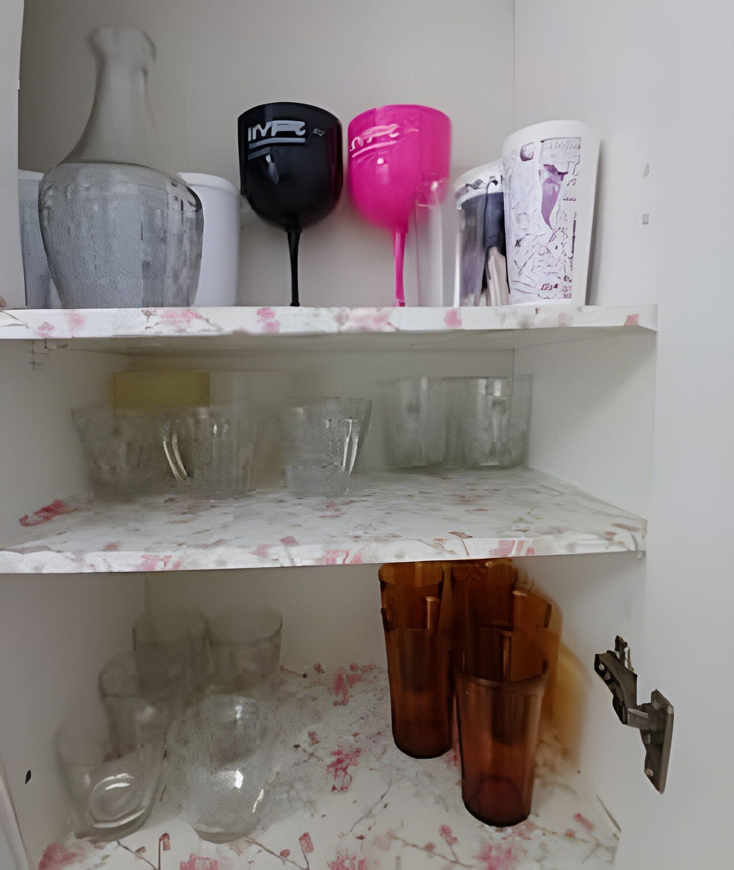 Una estantería con distintos objetos de vidrio, como un florero, tazas negras y rosadas, y un cuadro enmarcado.