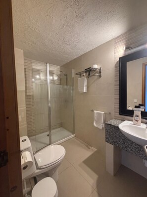 Une salle de bain avec une douche à parois de verre, des toilettes, un lavabo avec un plan de travail en granit et un miroir.