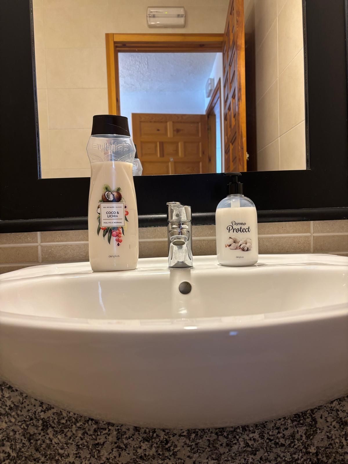 En vask med et spejl over, en lotionflaske og en sæbedispenser.
