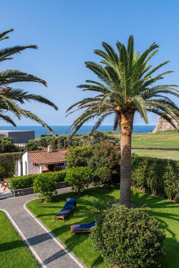 A well-maintained garden with a palm tree, a pathway, and a small building with a tiled roof.
