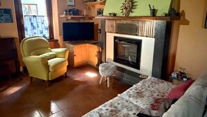 A cozy living room with a fireplace, a television, and a comfortable sofa. - Quaint 1-bedroom house in lovely Sugano perfect for relaxing stays (Sugano)