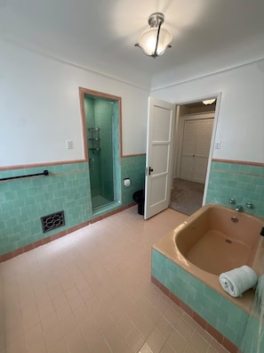 Un baño con bañera, ducha e inodoro.