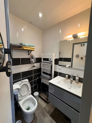 A modern bathroom with a toilet, sink, and towel rack.