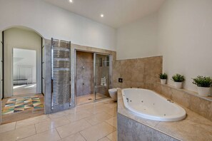 Une salle de bain moderne avec une grande baignoire, un espace douche et des toilettes.