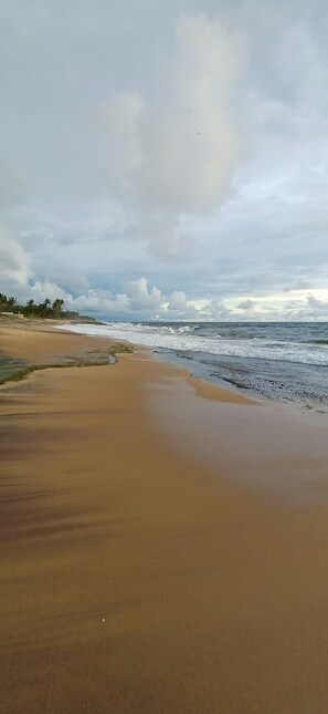 Una playa con arena y olas del océano.