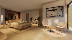 Un dormitorio moderno con una cama grande, mesitas de noche, un televisor y un cuadro en la pared.
