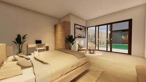 A modern bedroom with a large bed, two chairs, a desk, and a large window offering a view of greenery. - Atlas Hostel Sri Lanka (Negombo)