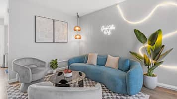 TV, fireplace, books