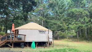 Una yurta de un piso con terraza de madera y asientos al aire libre, rodeada de un área boscosa.