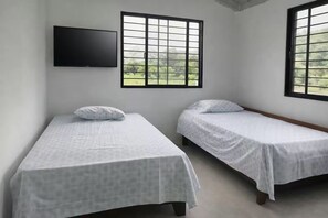 Quarto com duas camas de solteiro, televisão de tela plana na parede e grandes janelas com vista para o verde.
