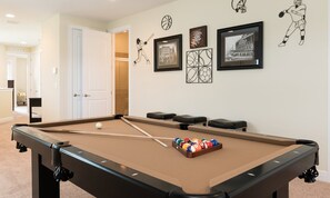 A pool table with balls, a framed picture, and a door leading to another room. - 5BR Encore Villa With Private Pool & Spa (Kissimmee)