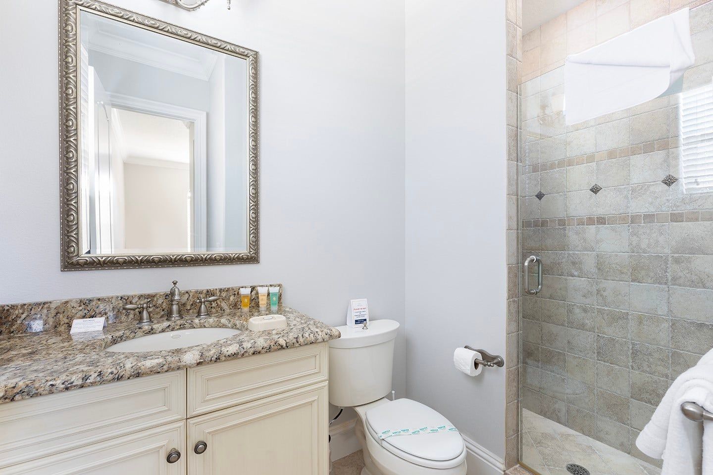 A bathroom with a granite countertop, a white toilet, a shower with a glass door, and a large mirror with an ornate frame.