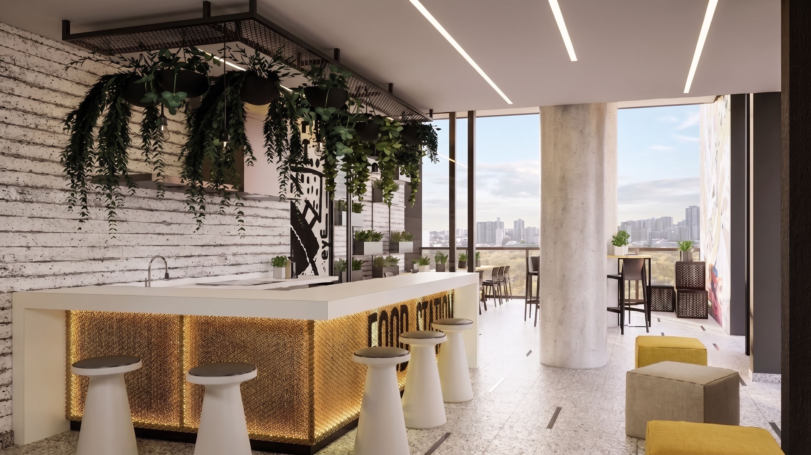 Zona de bar moderna con mostrador blanco, plantas colgantes y taburetes.
