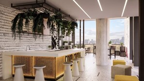 A modern bar area with a white countertop, hanging plants, and bar stools. - Borde Vivo Santiago by Domus Travels (Santiago)