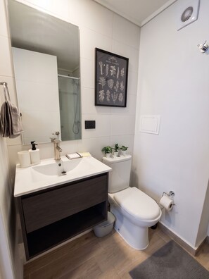 A modern bathroom with a white sink, mirror, and toilet. There is a framed herb garden on the wall, a towel rack, and a small potted plant on the floor. - Borde Vivo Santiago by Domus Travels (Santiago)
