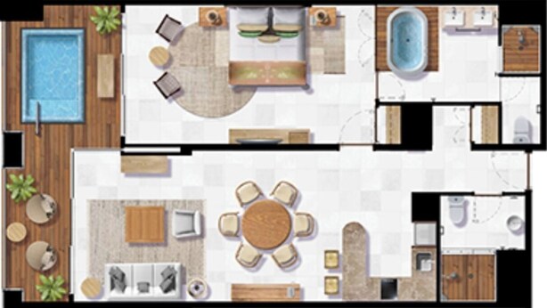 A hotel layout with a swimming pool, a sun terrace, a dining area, and a separate bathroom. - Exclusive Grand Mayan 1BR Suite w/ Plunge Pool Oct 26 - Nov 2 Confirmed (Nuevo Nayarit)