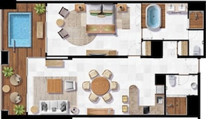 A hotel layout with a swimming pool, a sun terrace, a dining area, and a separate bathroom.
