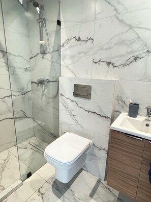 Een badkamer met toilet, douche en wastafel.