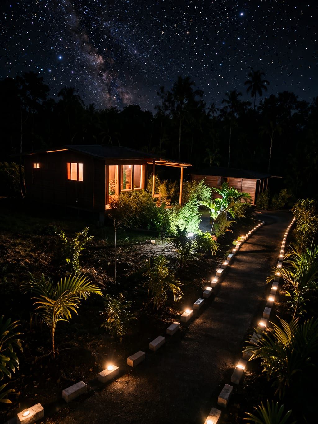 A pathway lined with small lights leading to a wooden cabin with windows illuminated.