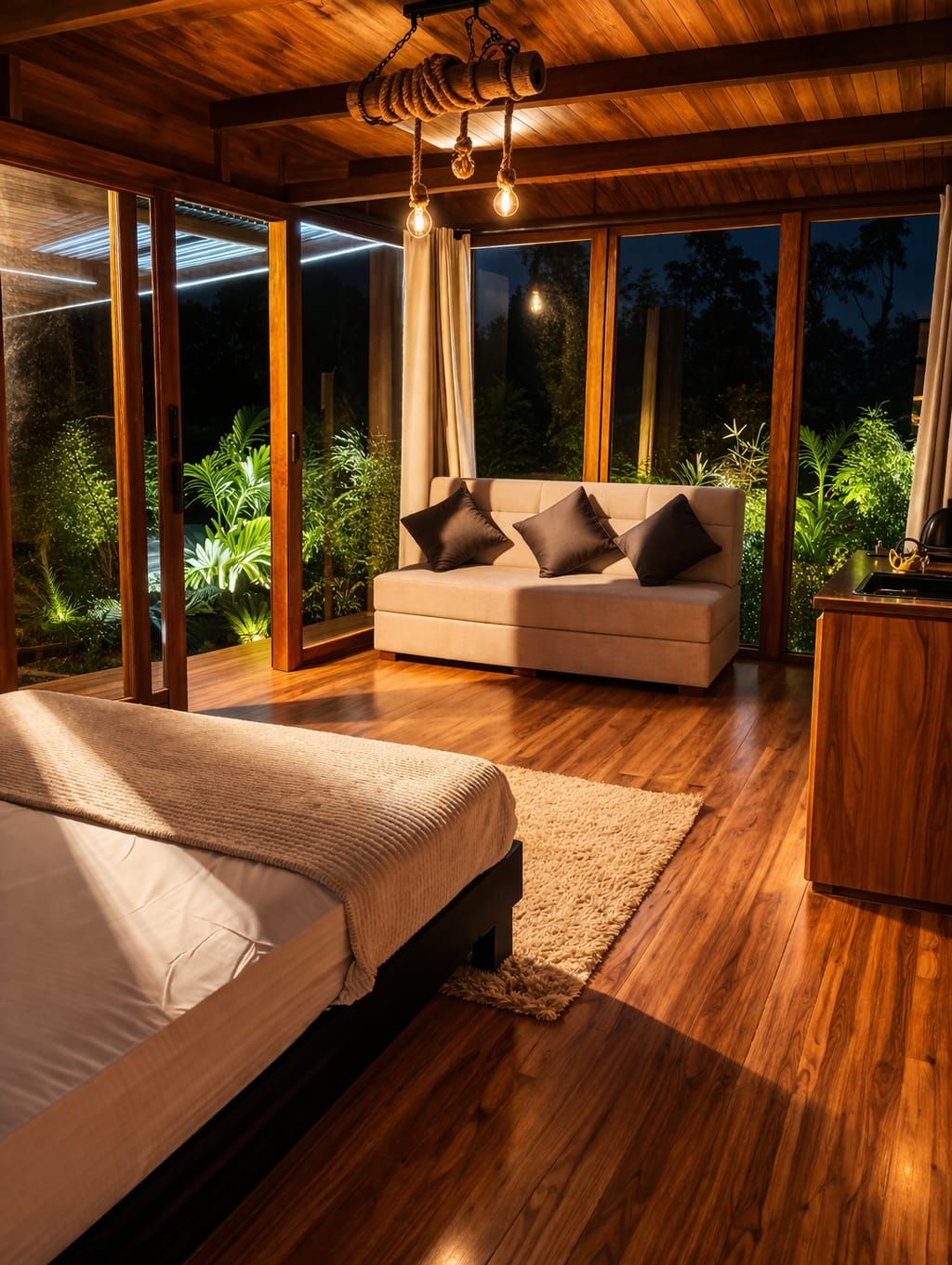 A modern bedroom with a large bed, a sofa, and a desk. There are large windows and a view of greenery outside.