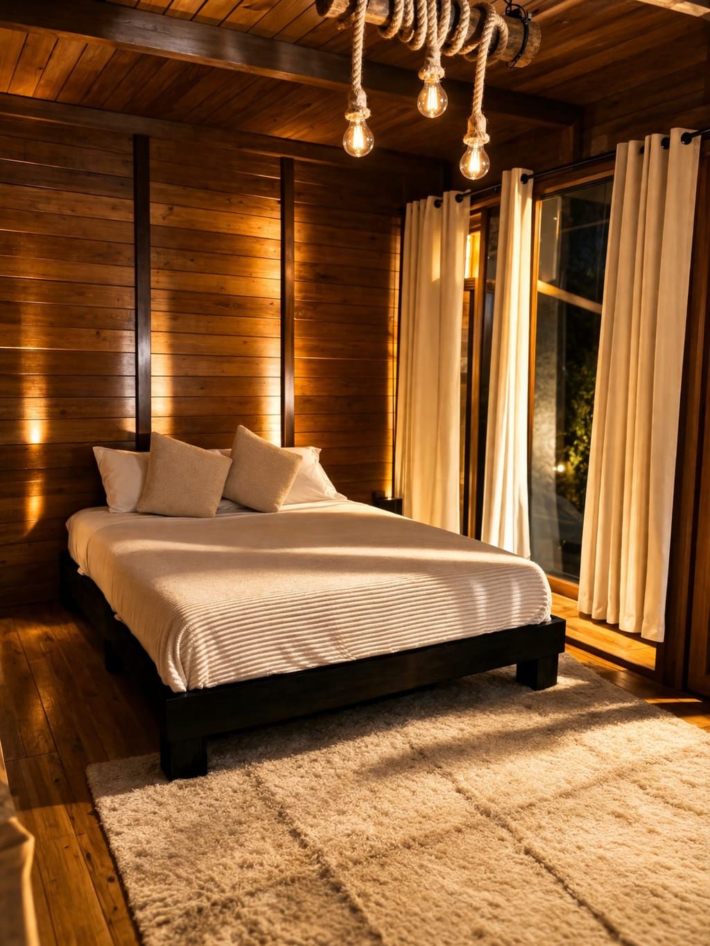 Ein Schlafzimmer mit Holzwänden, einem Bett, einer Kristallleuchtre und einem Fenster mit Vorhängen.