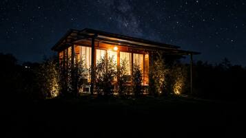 Ein modernes Haus mit großen Fenstern, umgeben von Bäumen, unter einem sternenübersäten Nachthimmel.