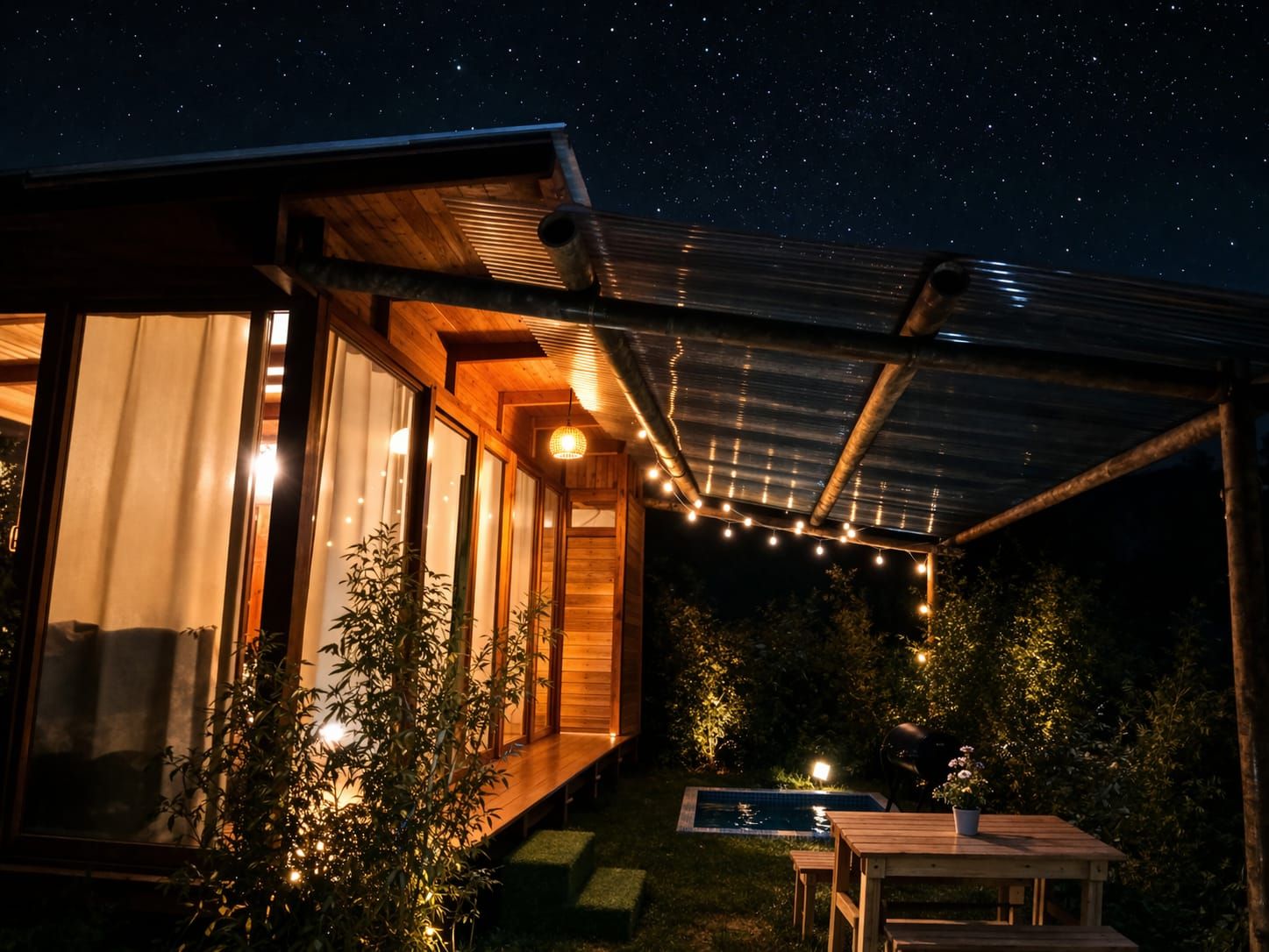 A wooden cabin with large windows, a covered patio, and a small pool.
