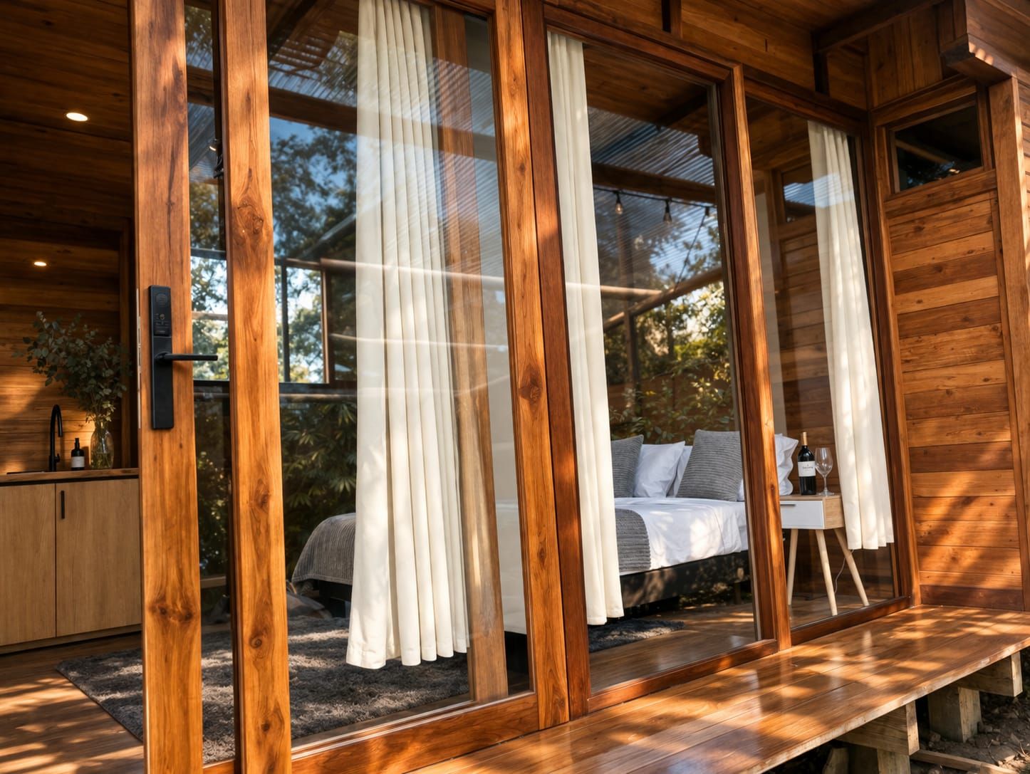 Eine Holzhütte mit einem Bett, einem kleinen Tisch und einer Bank.