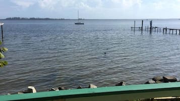 A view of a calm lake with a dock and a boat in the distance.