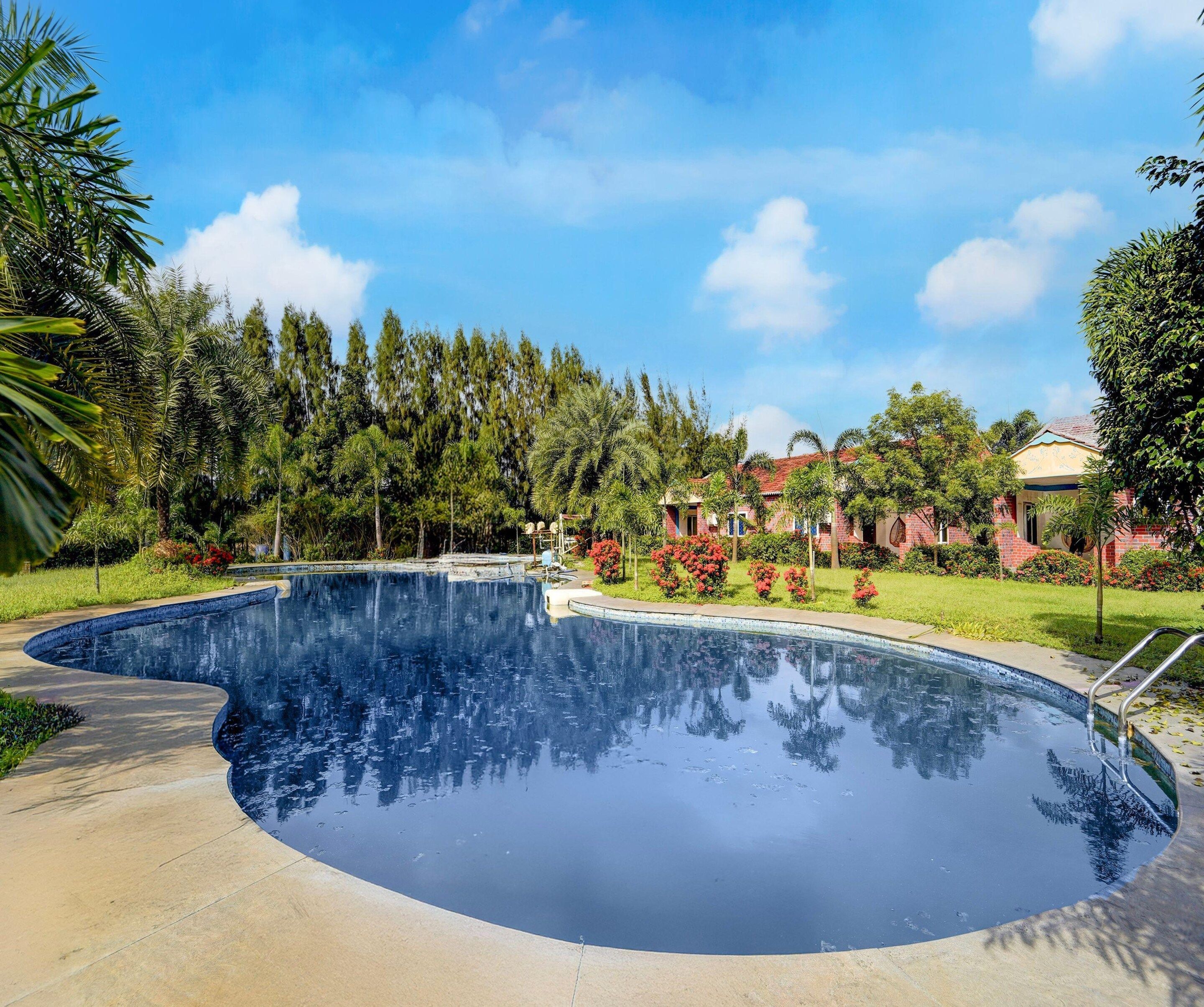 A swimming pool with a curved edge, surrounded by greenery and a clear sky.