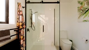 Cabina doccia con pareti in vetro, doccetta manuale, WC e porta asciugamani con asciugamano.