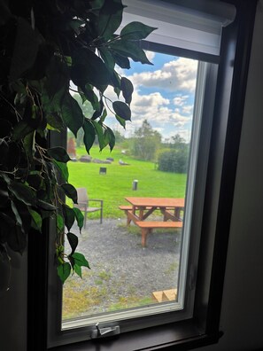 A window with a view of a grassy area, a wooden bench, and a picnic table.