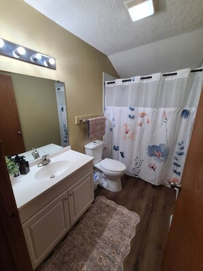Un baño con lavamanos blanco, espejo e inodoro. Hay una cortina de ducha con motivos florales.