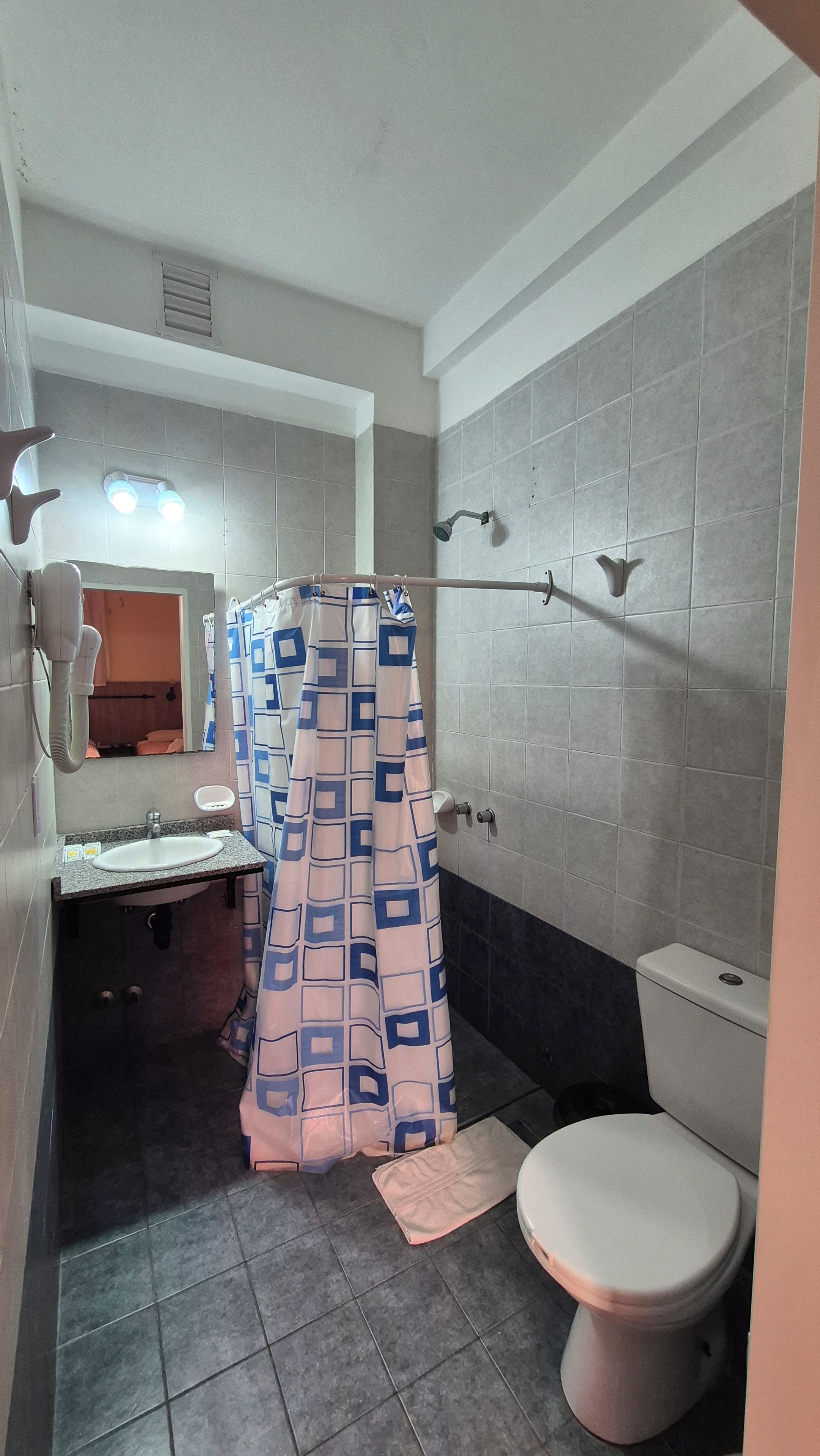 A bathroom with a shower, toilet, sink, and a mirror.