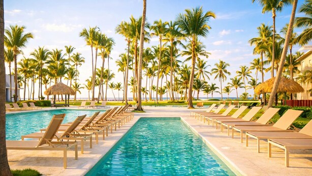 A pool area with lounge chairs and palm trees. - Wake Up to the Ocean: 3-Bedroom Palmera · Beach & Pool (Punta Cana)