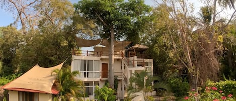 A multi-story building with balconies, surrounded by lush greenery and trees.