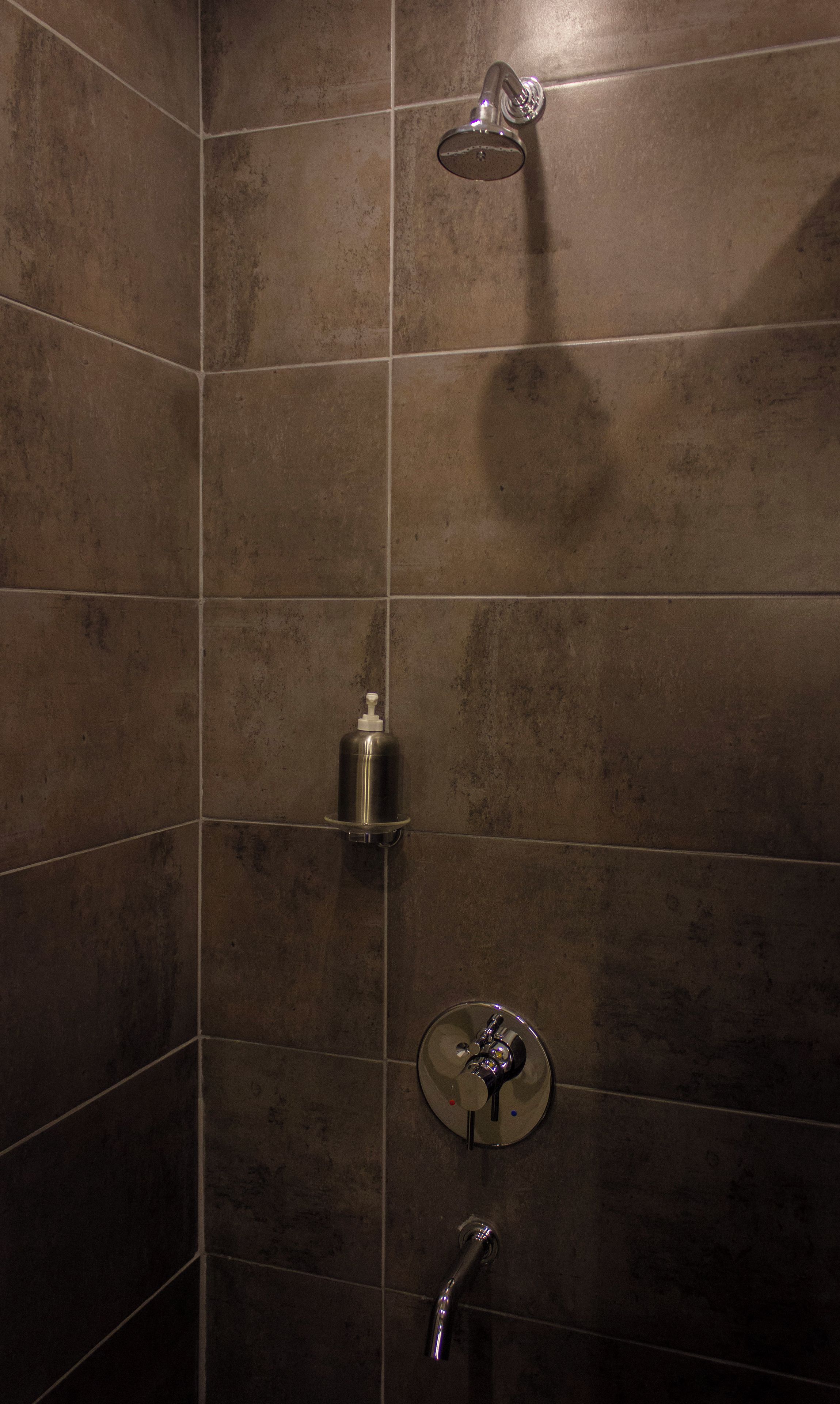 A shower with a handheld showerhead, a soap dispenser, and a wall-mounted faucet.