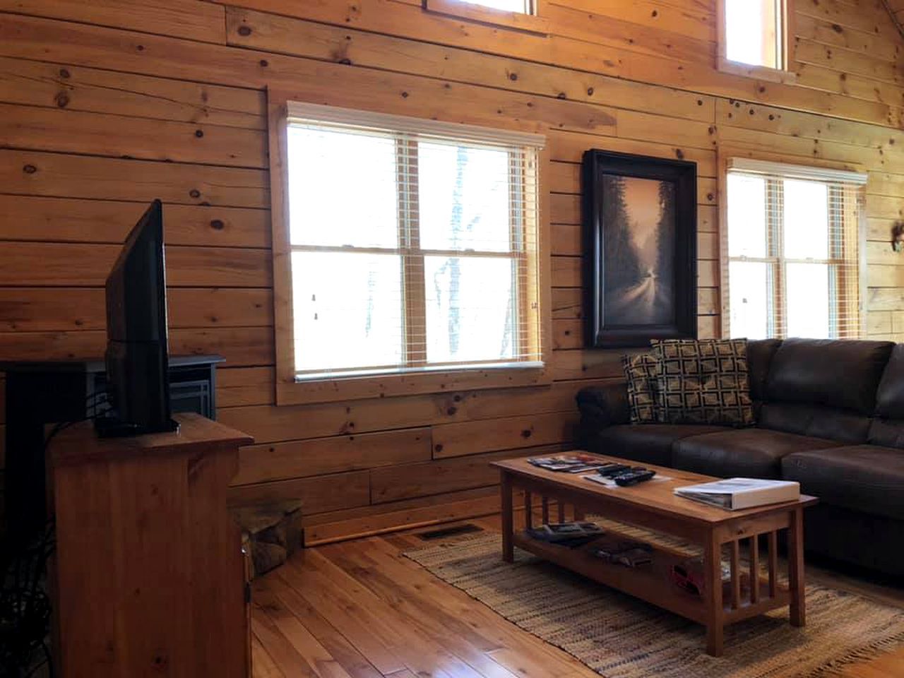 A cozy cabin interior with wooden walls, a leather sofa, a wooden coffee table, and a television on a stand.