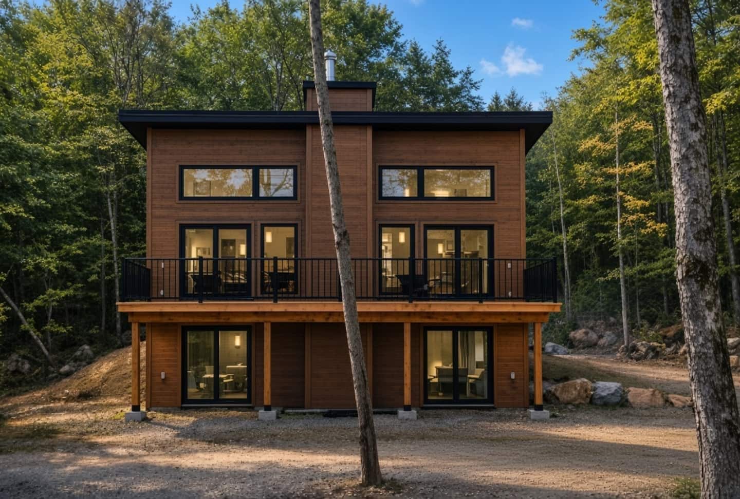 A two-story modern cabin with large windows and a balcony, surrounded by forest.