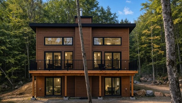 Eine moderne Hütte mit zwei Etagen, großen Fenstern und einem Balkon, umgeben von Wald.