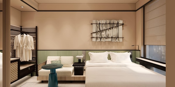 A modern hotel room with a bed, a nightstand, a small table, and a seating area with a sofa. - Motto By Hilton Shanghai Wuliqiao (Shanghai)